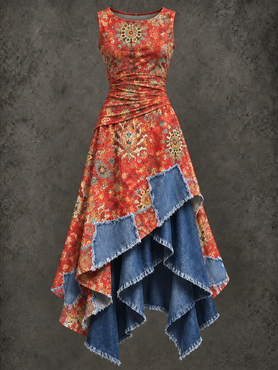 Retro Art Printed Vintage Sleeveless Irregularly Layered Stitched Midi Dress